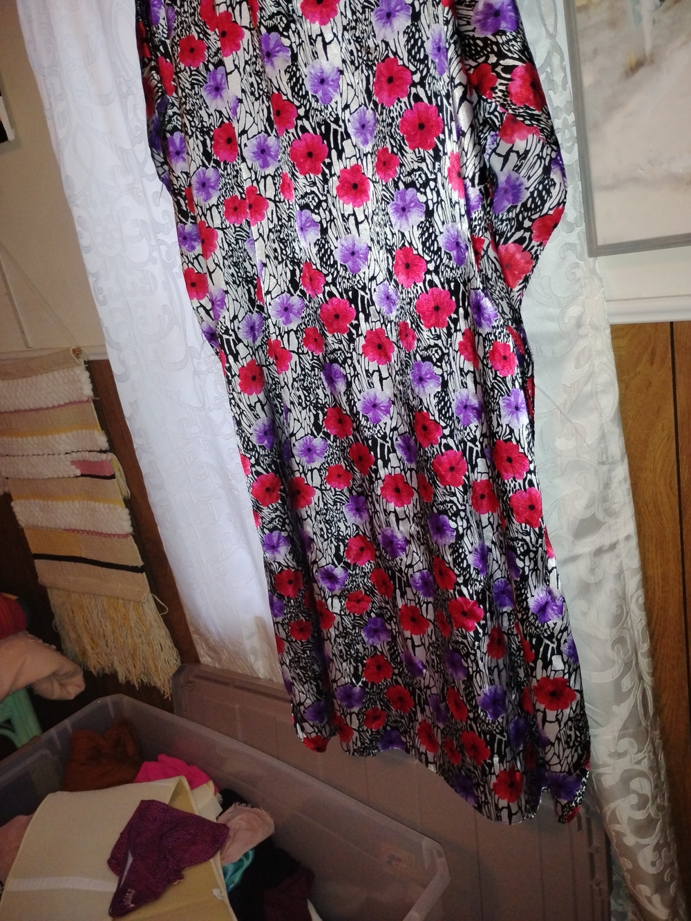 Source Unknown Black Robe with Red and Purple Floral Print